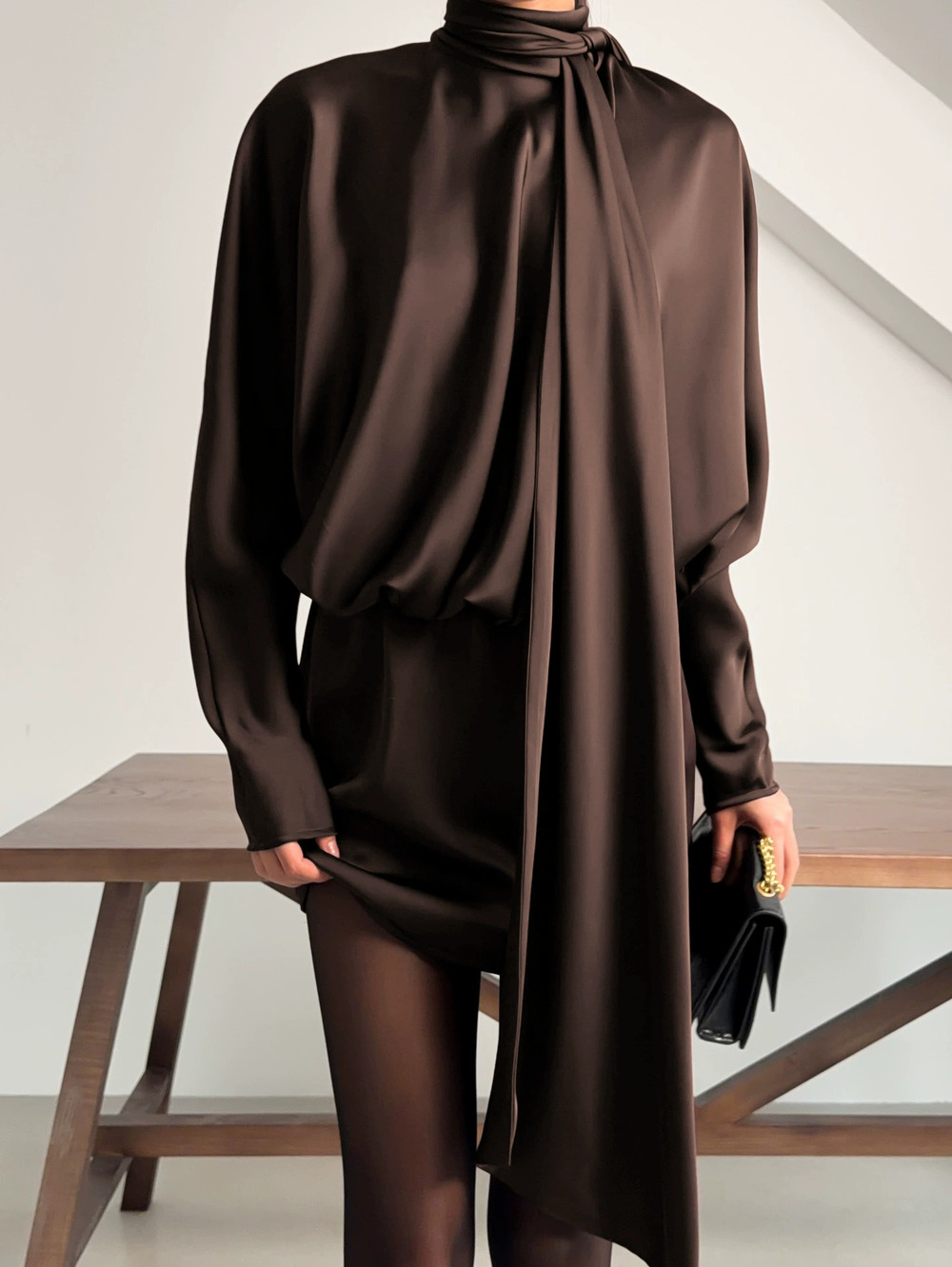 Zara Fall Vintage Brown Satin High Neck Long Sleeve Bodycon Short Dress